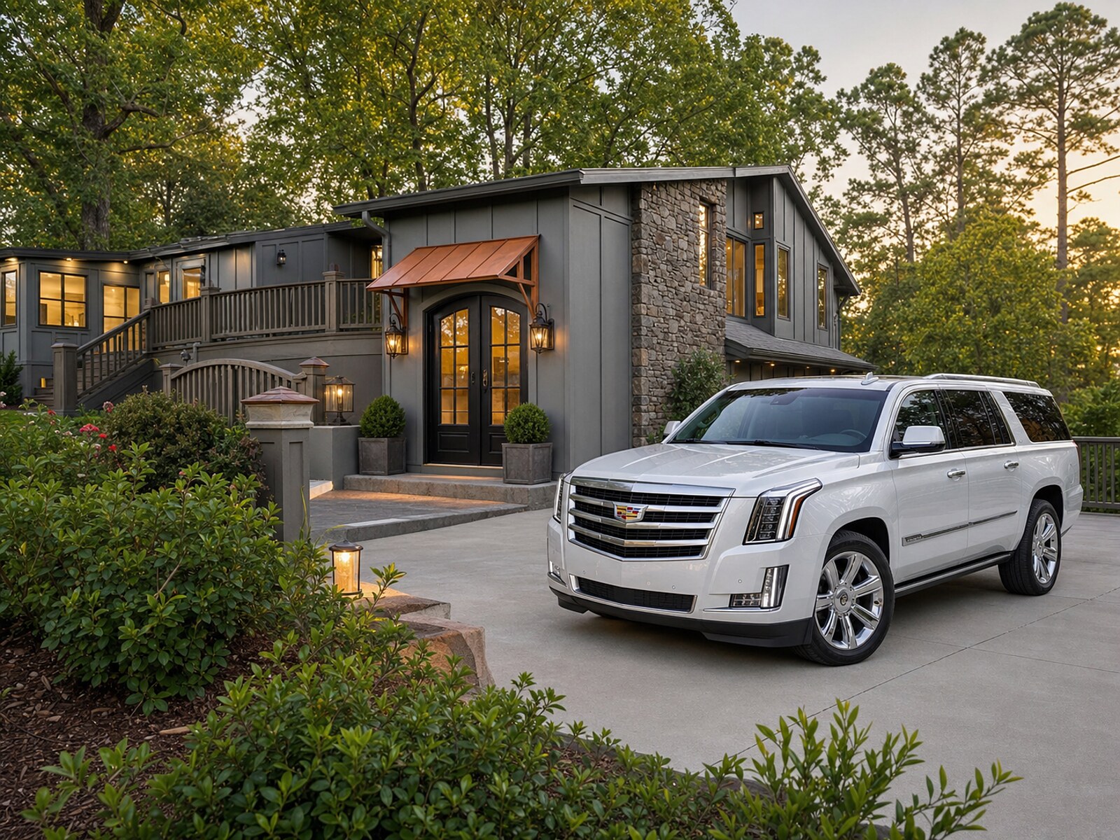 A white Cadillac Escalade parked on the driveway at The Wilkshire House at golden hour, with the estate's stone chimney and cedar siding behind it