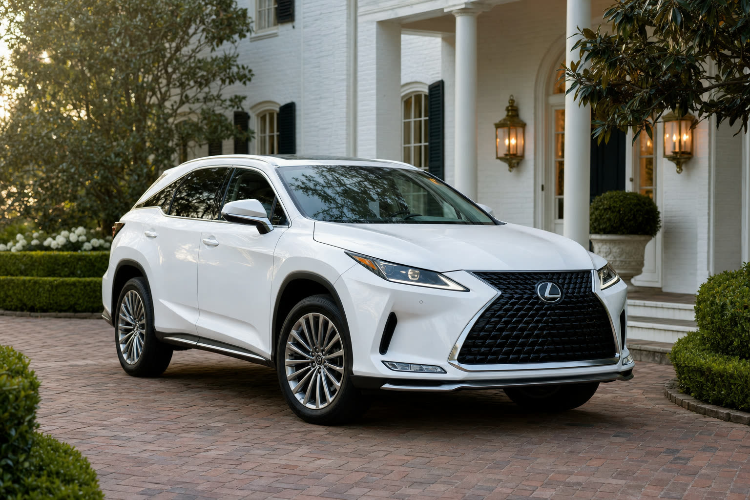 A white Lexus RX 350 parked in the driveway of a Southern estate at golden hour