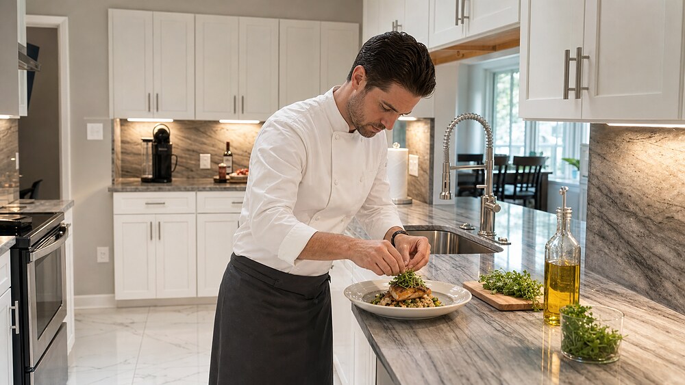 Private chef plating dinner on the marble counter in the Magnolia's kitchen