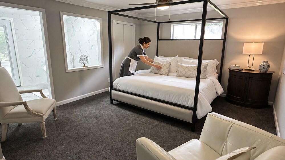 Housekeeper making up the four-poster bed in the Magnolia master suite