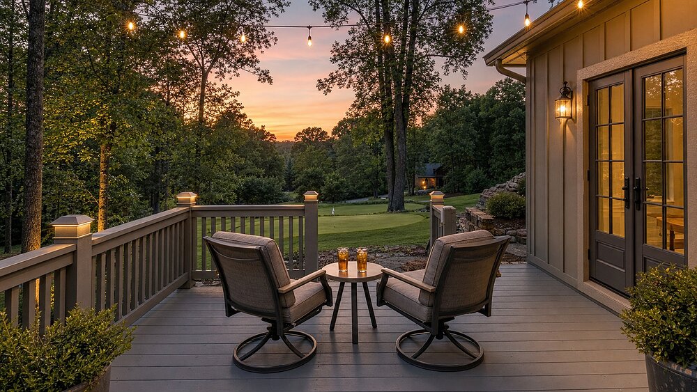 The wraparound deck at The Wilkshire House after dark, warm string lights overhead and lounge seating arranged for bourbon and cigars