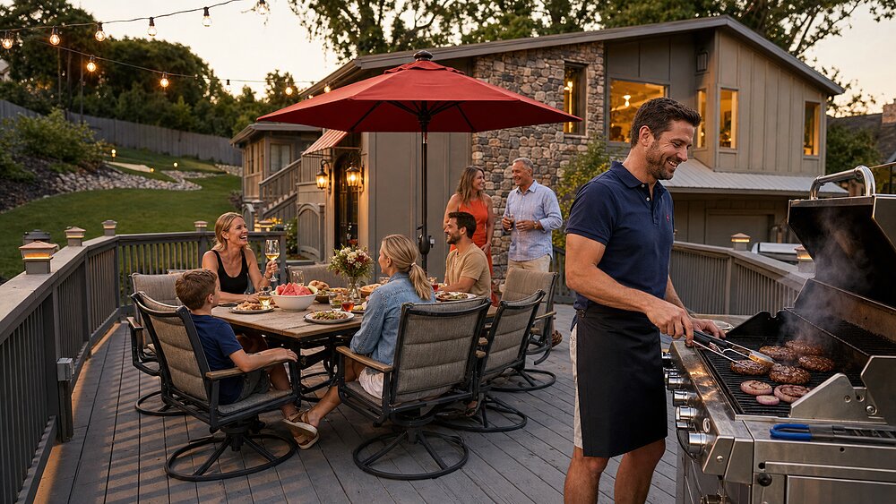 A family gathered around a red-umbrella dining table on the deck while dad grills burgers