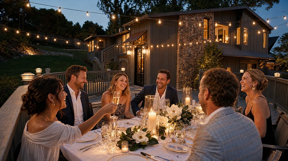 A candlelit dinner party of six on the deck under string lights, magnolia centerpieces