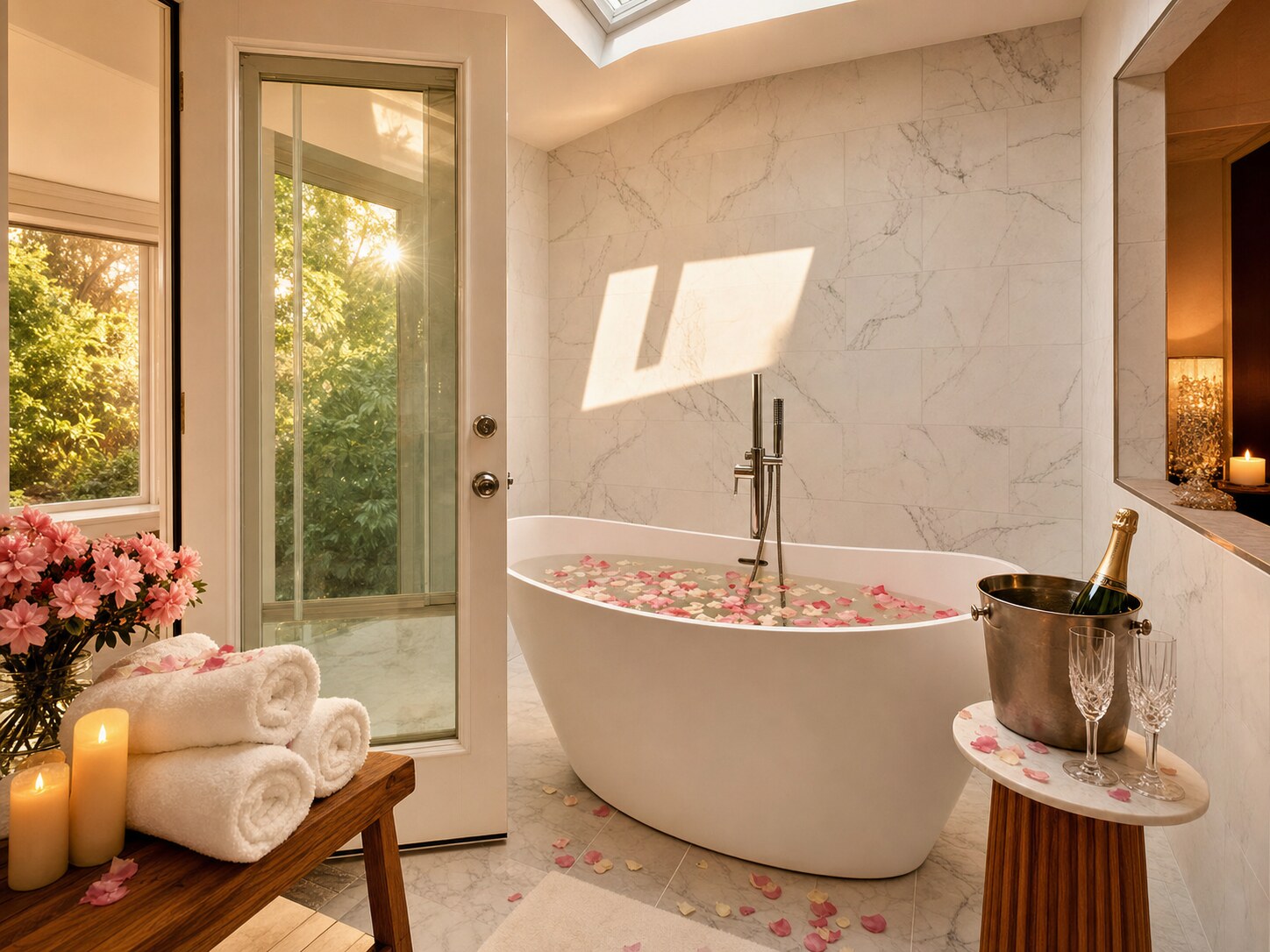 The master soaking tub under a skylight — rose petals in the water, chilled champagne and two crystal flutes on a marble side table, candles, and a bouquet of pink azaleas