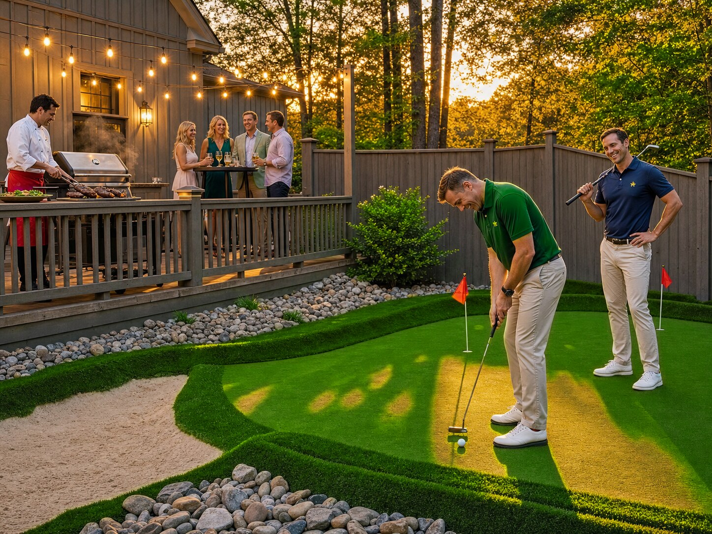 Golden hour at The Wilkshire House during Masters Week — two men playing the private putting green while four guests enjoy bourbon cocktails on the string-lit deck and a private chef grills ribeye steaks in the background