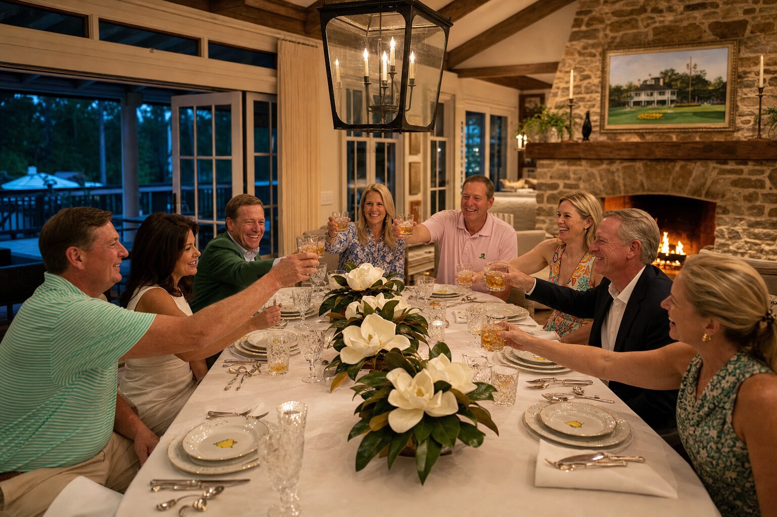 Four couples raising crystal tumblers of bourbon around the long dining table at The Wilkshire House during Masters Week — magnolia centerpiece, black lantern chandelier, stone fireplace glowing behind them