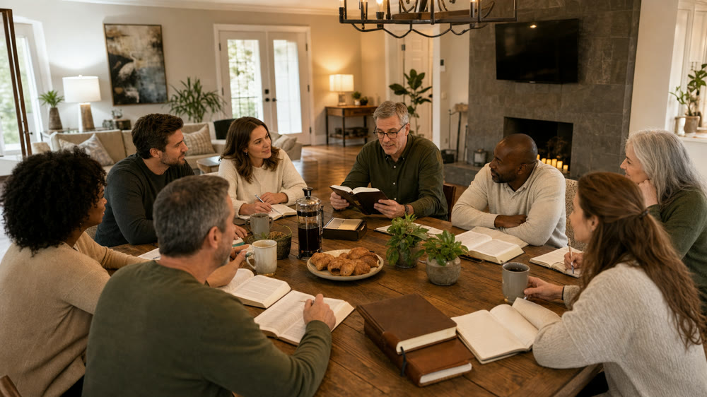 A group of eight adults gathered around the long dining table at The Wilkshire House during a retreat morning — open Bibles, leather journals, coffee mugs, and a French press between them