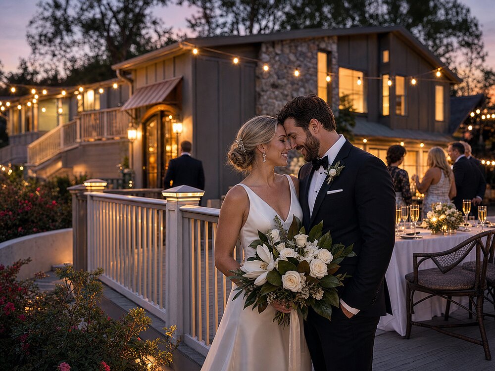A bride and groom slow-dancing on the deck at twilight under string lights