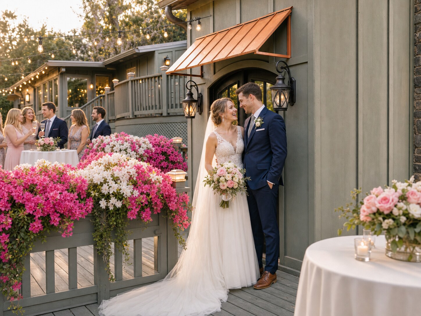 A bride and groom on the front deck at golden hour — copper awning above the arched entry, string lights, and azaleas in full bloom