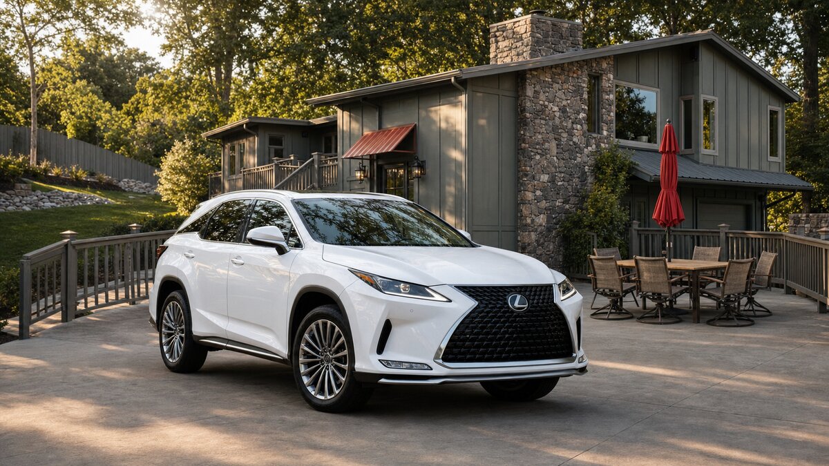 A white Lexus RX 350 parked on the driveway at The Wilkshire House, with the estate's cedar and stone architecture behind it